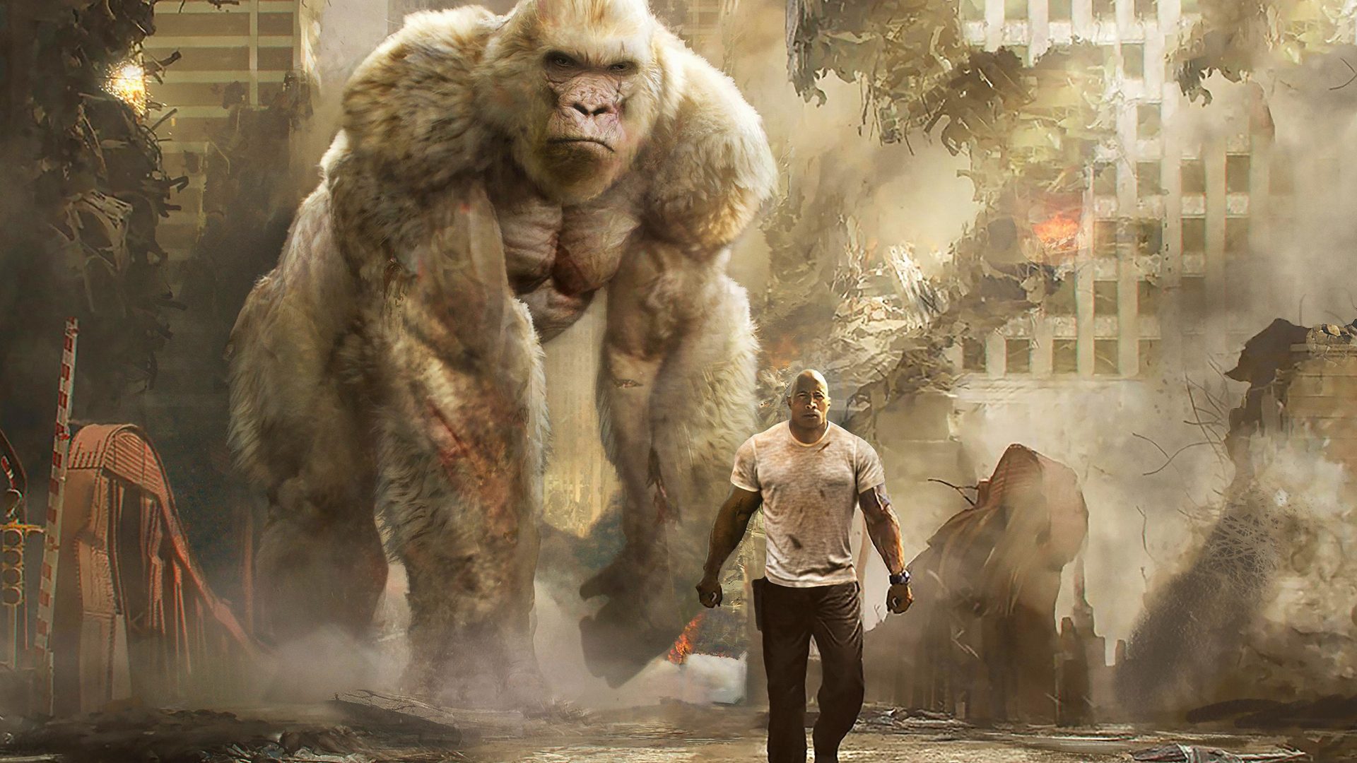 Dwayne Johnson and George in Rampage (2018)
