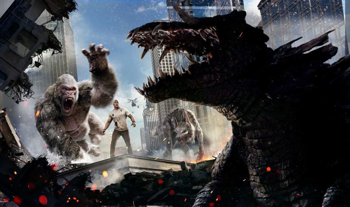 Promotional artwork - Dwayne Johnson surrounded by George, giant wolf and giant crocodile in Rampage (2018) 