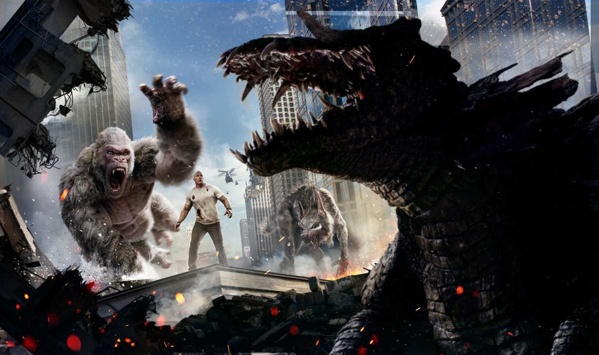 Promotional artwork - Dwayne Johnson surrounded by George, giant wolf and giant crocodile in Rampage (2018)