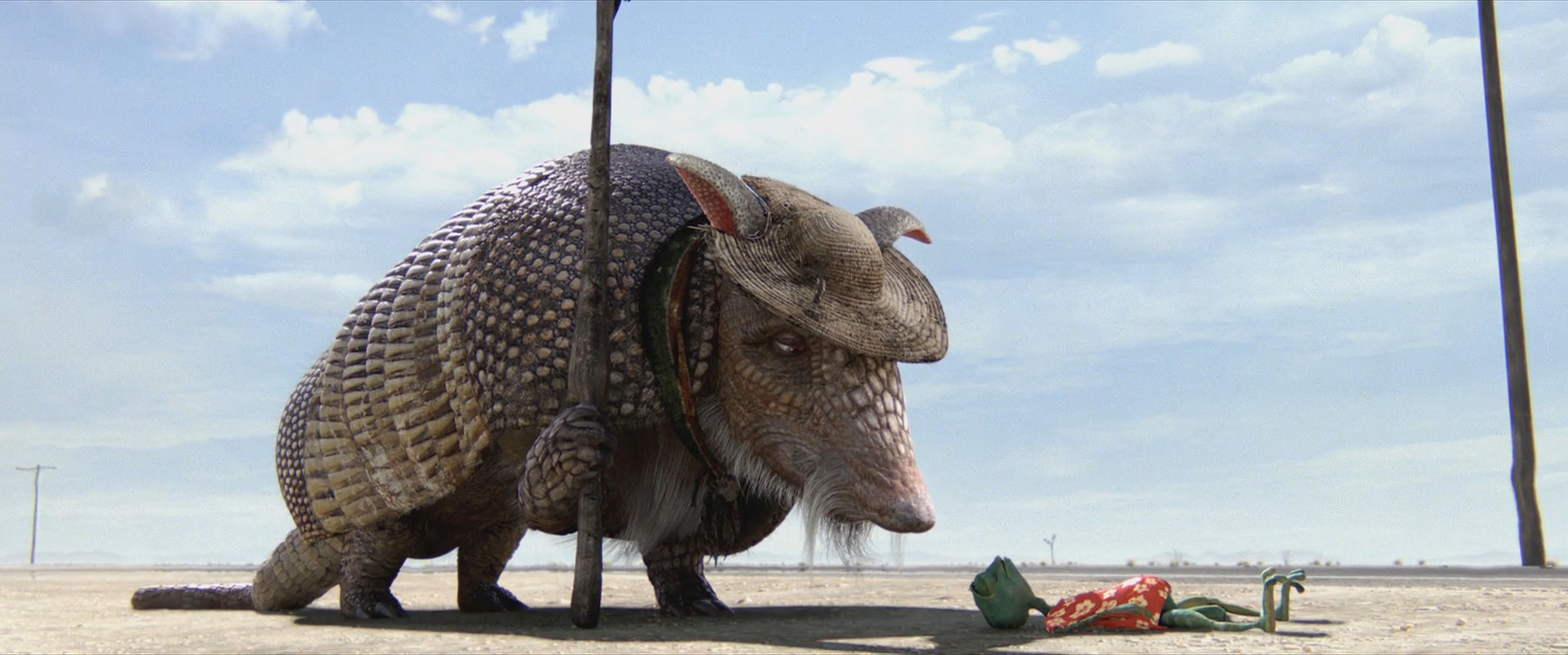 Rango (voiced by Johnny Depp) meets the armadillo Roadkill (voiced by Alfred Molina) in Rango (2011)