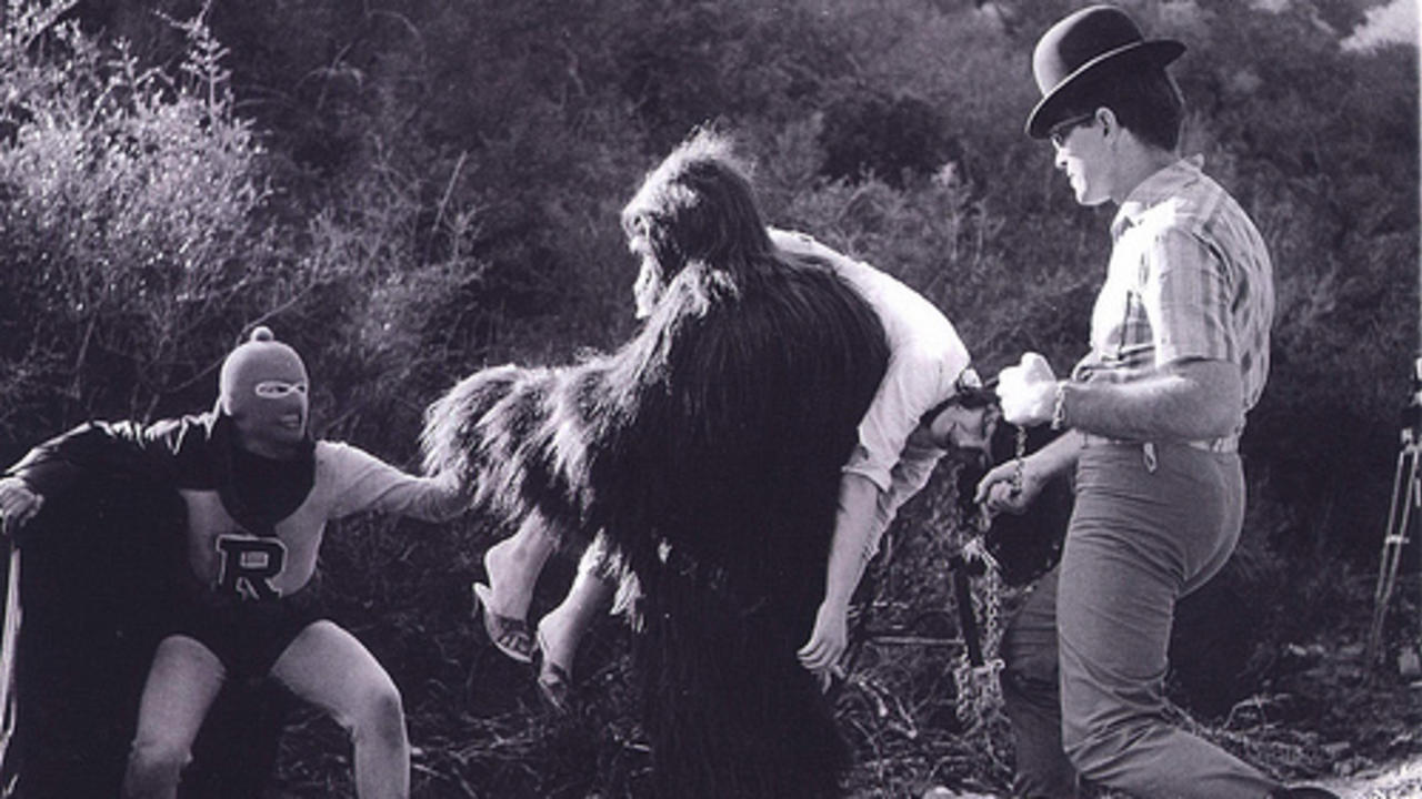 Rat Pfink (Vin Saxon/Ronald Haydock) faces the gorilla as it tries to abduct a girl in Rat Pfink a Boo Boo (1965)