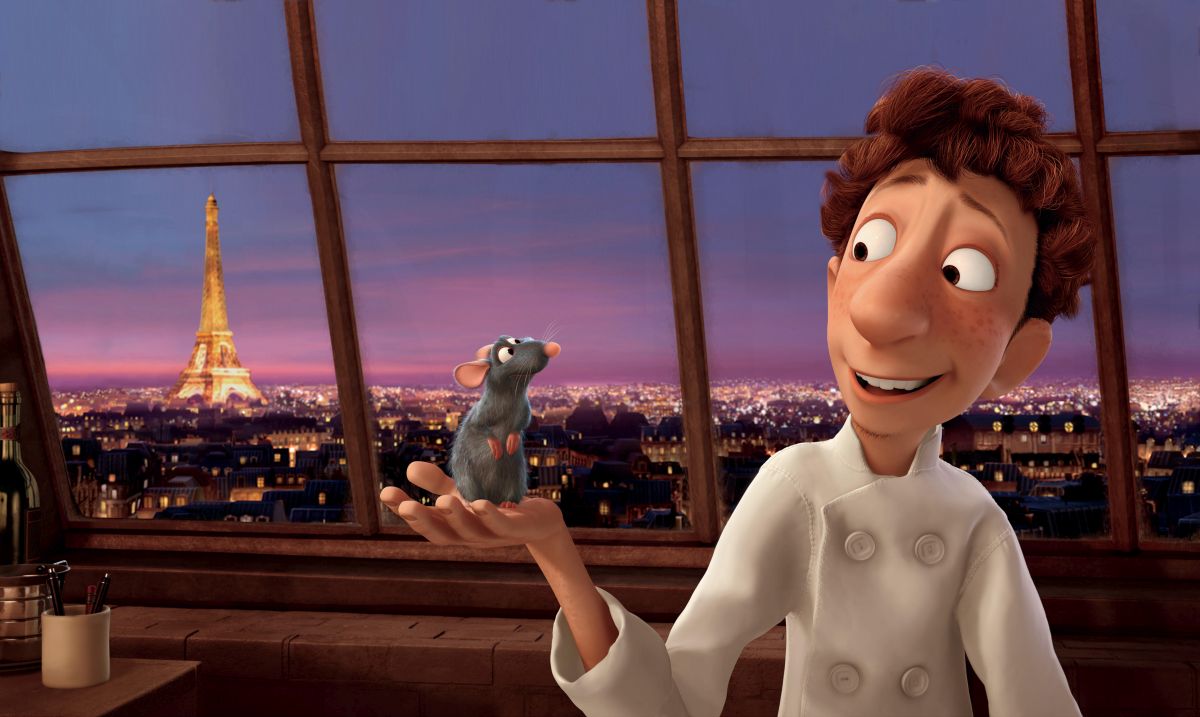 Remy and his human partner Linguini (voiced by Lou Romano) in Ratatouille (2007)