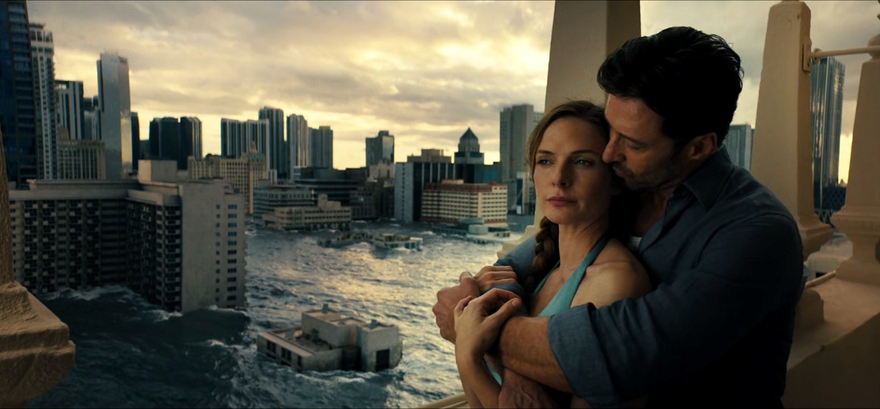 Hugh Jackman and Rebecca Ferguson in a Globally Warmed future Miami in Reminiscence (2021)