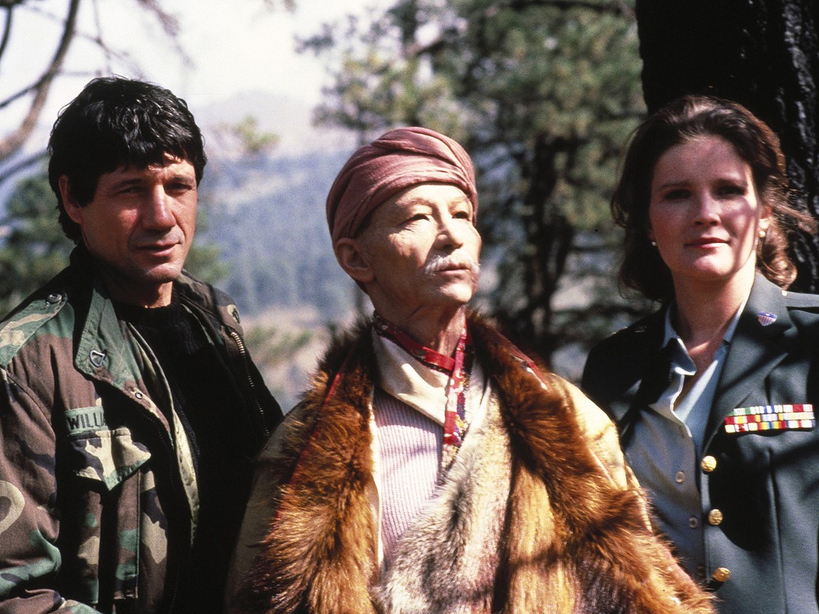 (l to r) Remo Williams (Fred Ward), his Korean mentor Chiun (Joel Grey) and a little known Kate Mulgrew as Major Rayner Fleming in Remo Williams: The Adventure Begins (1985)