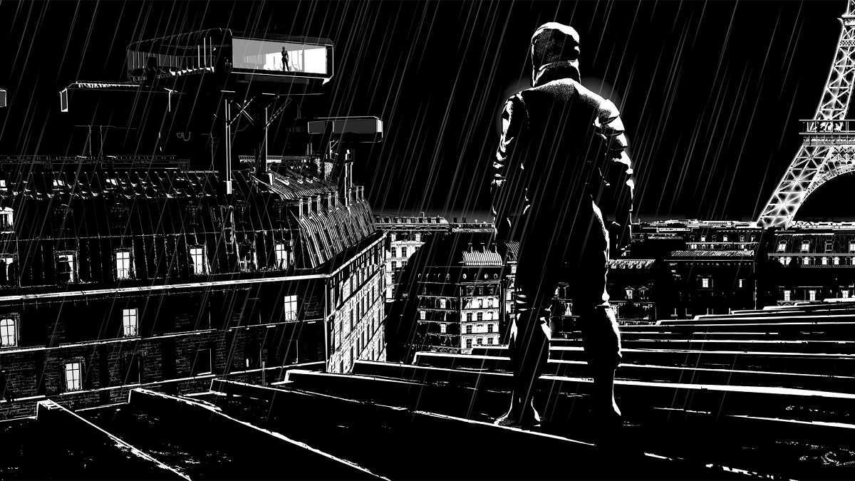 Striding black-and-white vision of the rooftops of Paris in Renaissance (2006)