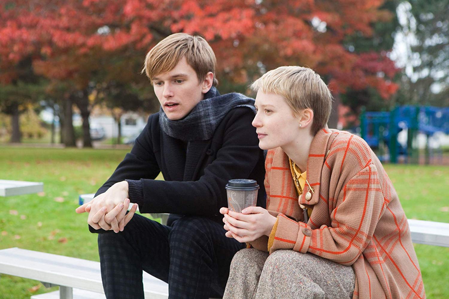 Oddball romance between alienated teenager Enoch Broe (Henry Hopper) and Annabel Cotton (Mia Wasikowska) who is dying of brain cancer in Restless (2011)