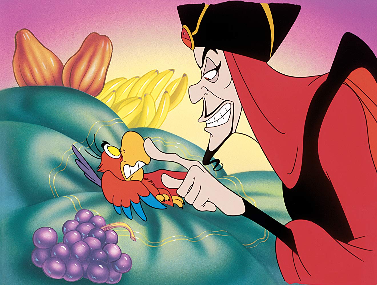 Jafar (voiced by Jonathan Freeman) and the parrot Iago (voiced by Gilbert Gottfried) back for more in The Return of Jafar (1994)