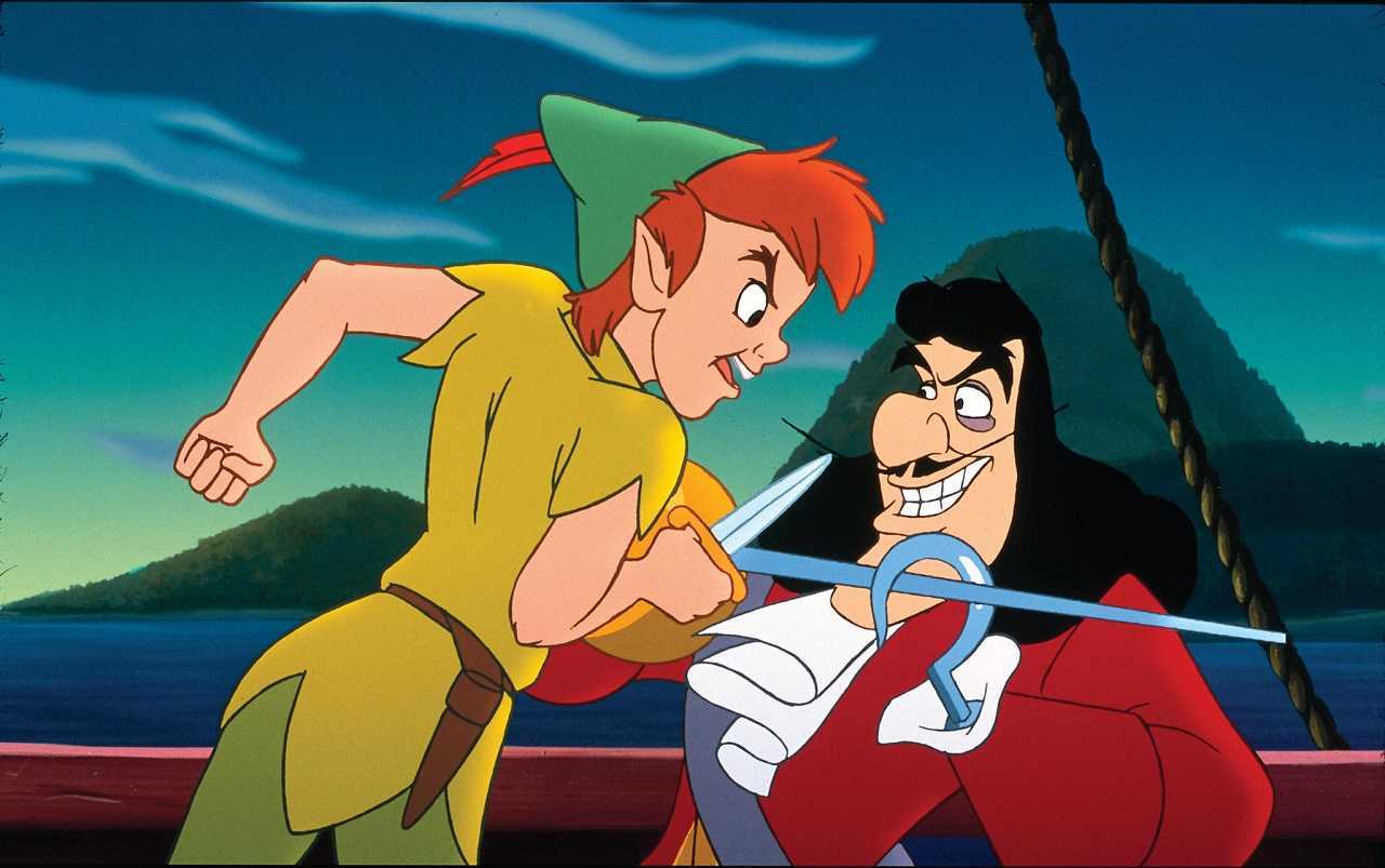 Peter Pan (voiced by Blayne Weaver) and Captain Hook (voiced by Corey Burton) in Return to Never Land (2002)