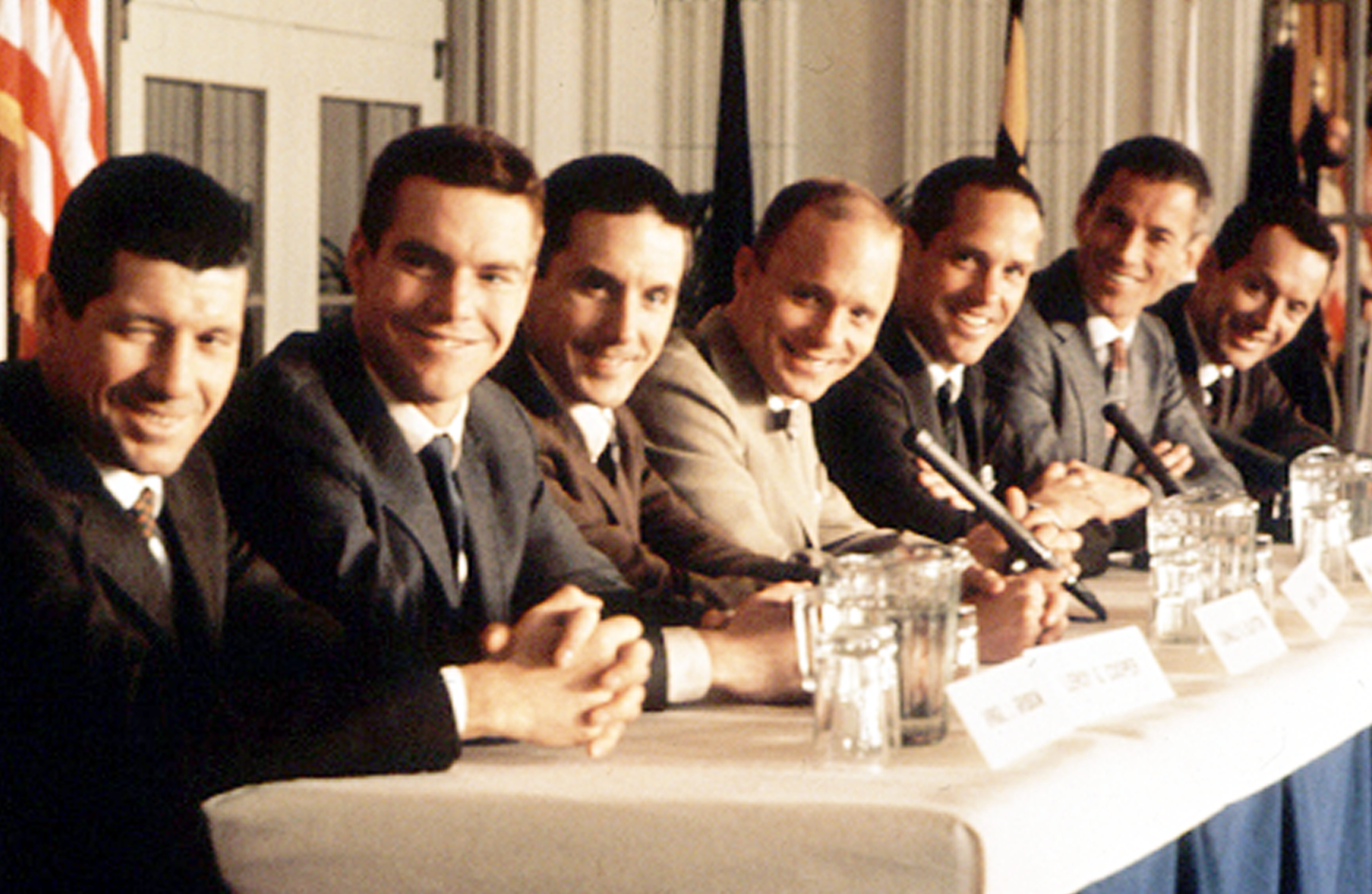 Gus Grissom (Fred Ward), Gordon Cooper (Dennis Quaid), Deke Slayton (Scott Paulin), John Glenn (Ed Harris), Scott Carpenter (Charles Frank), Alan Shepard (Scott Glenn) and Wally Schirra (Lance Henriksen) in The Right Stuff (1983)