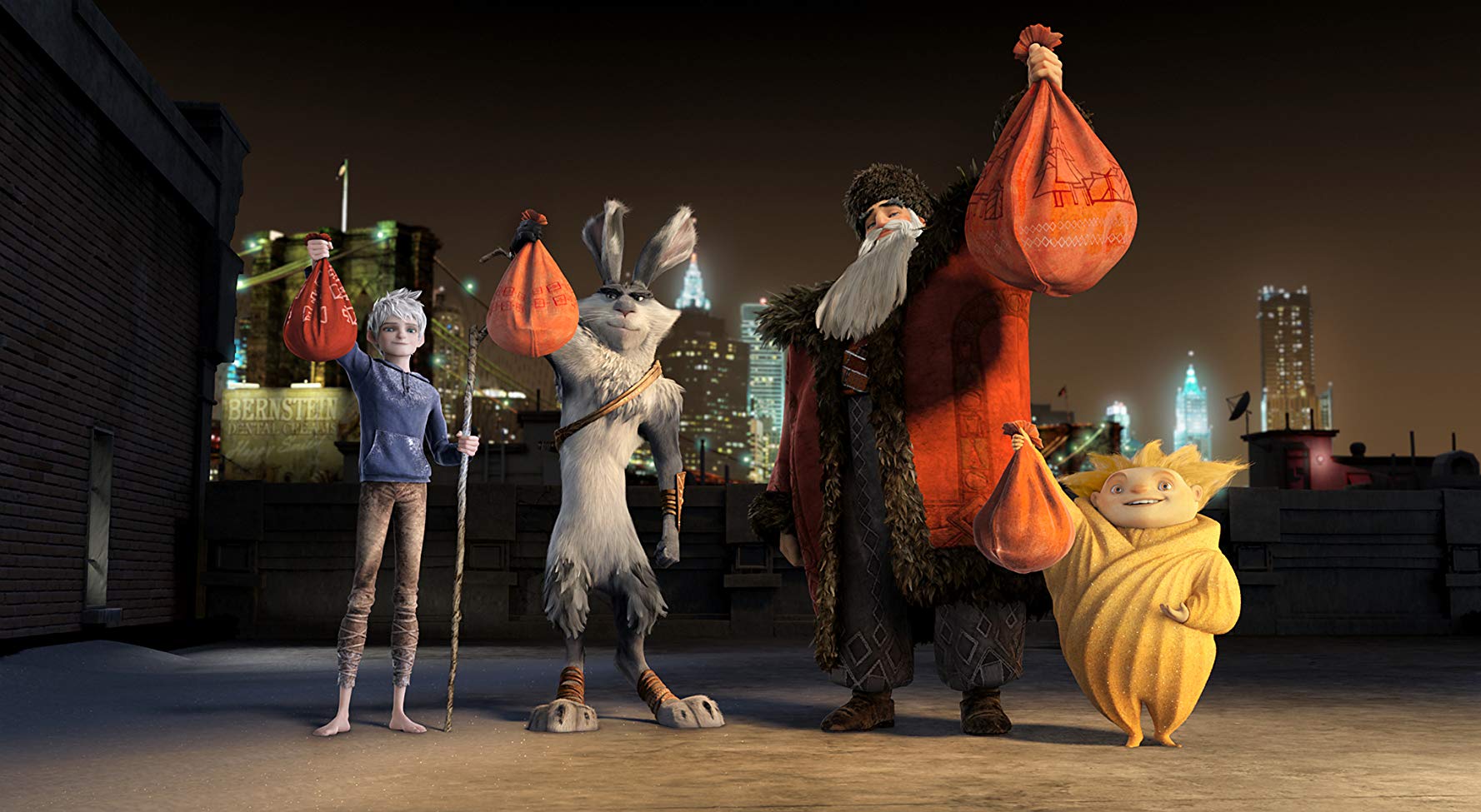 Character line-up - Jack Frost (voiced by Chris Pine), Easter Bunny (voiced by Hugh Jackman), North (voiced by Alec Baldwin) and Sandy in Rise of the Guardians (2012)