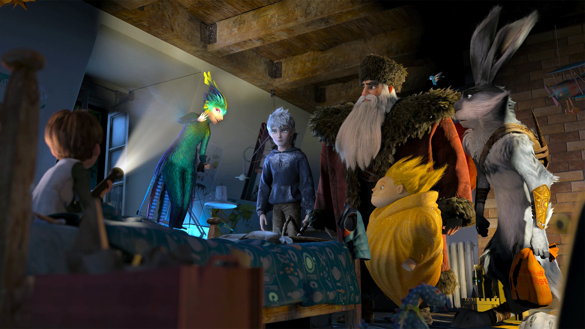 A child visited by Tooth Fairy (voiced by Isla Fisher), Jack Frost (voiced by Chris Pine), North (voiced by Alec Baldwin), Sandy and Easter Bunny (voiced by Hugh Jackman) in Rise of the Guardians (2012)