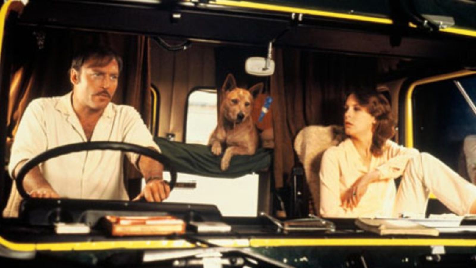 Truck driver Patrick Quid (Stacy Keach) and hitch-hiker Jamie Lee Curtis in Roadgames (1981)