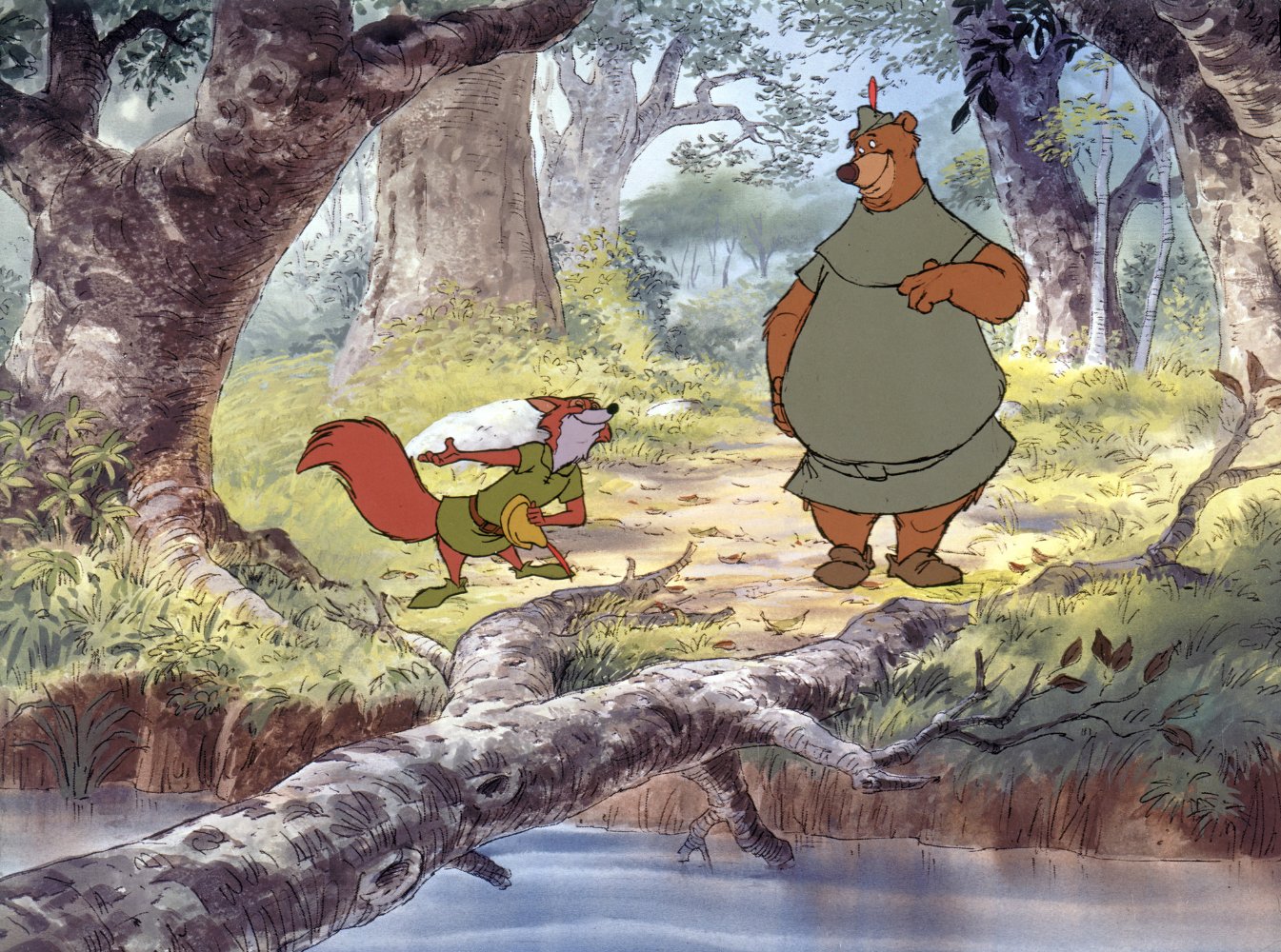 (l to r) The animated Robin Hood (voiced by Brian Bedford) and Little John (voiced by Phil Harris) in Robin Hood (1973)
