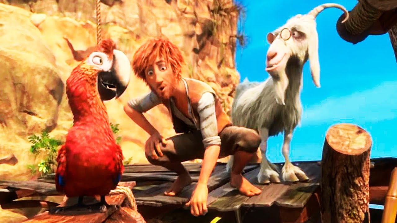 Robinson Crrusoe (voiced by Yuri Lowenthal) with Mak the parrot (voiced by David Howard) and Scrubby the goat (voiced by Joey Carmen) in Robinson Crusoe (2016)