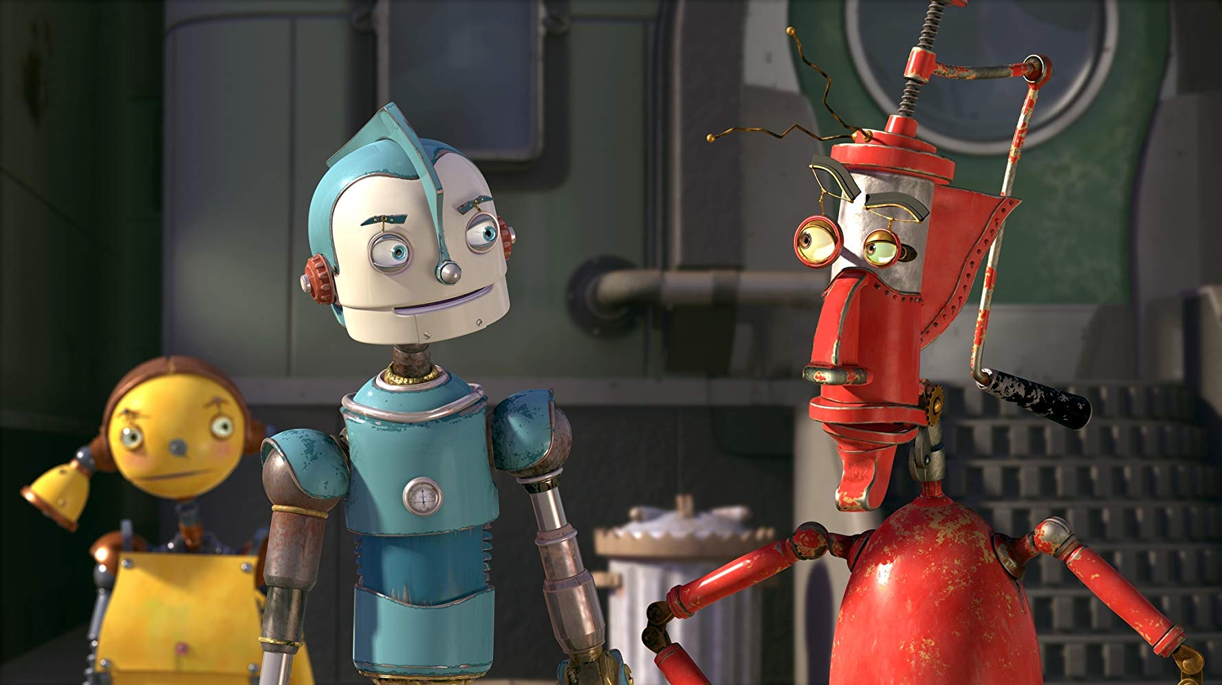 (l to r) Piper (voiced by Amanda Bynes), Rodney Copperbottom (voiced by Ewan McGregor) and Fender (voiced by Robin Williams) in Robots (2005)
