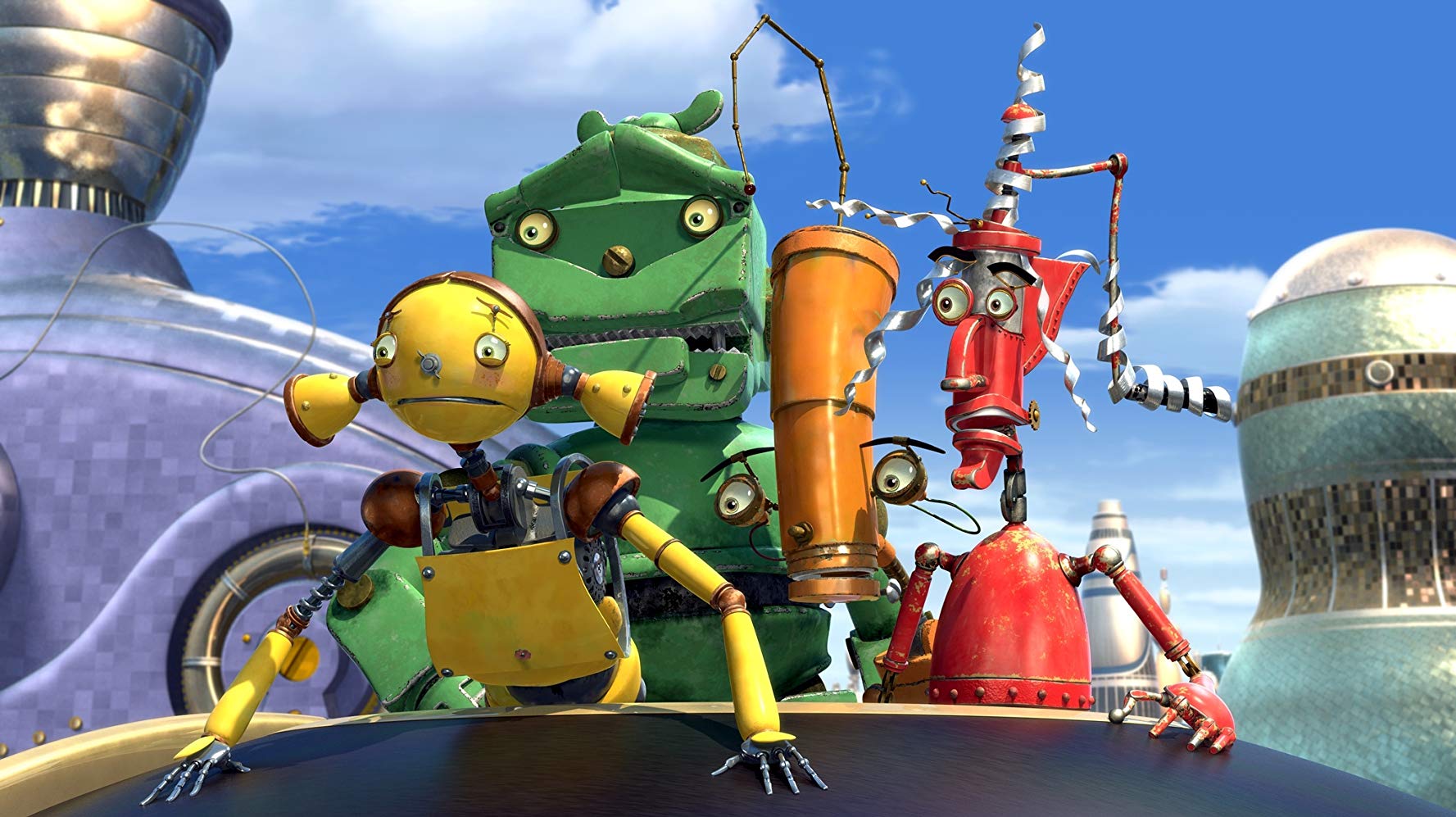 (l to r) Piper (voiced by Amanda Bynes), Lug (voiced by Harland Williams), Crank (voiced by Drew Carey) and Fender (voiced by Robin Williams) in Robots (2005)