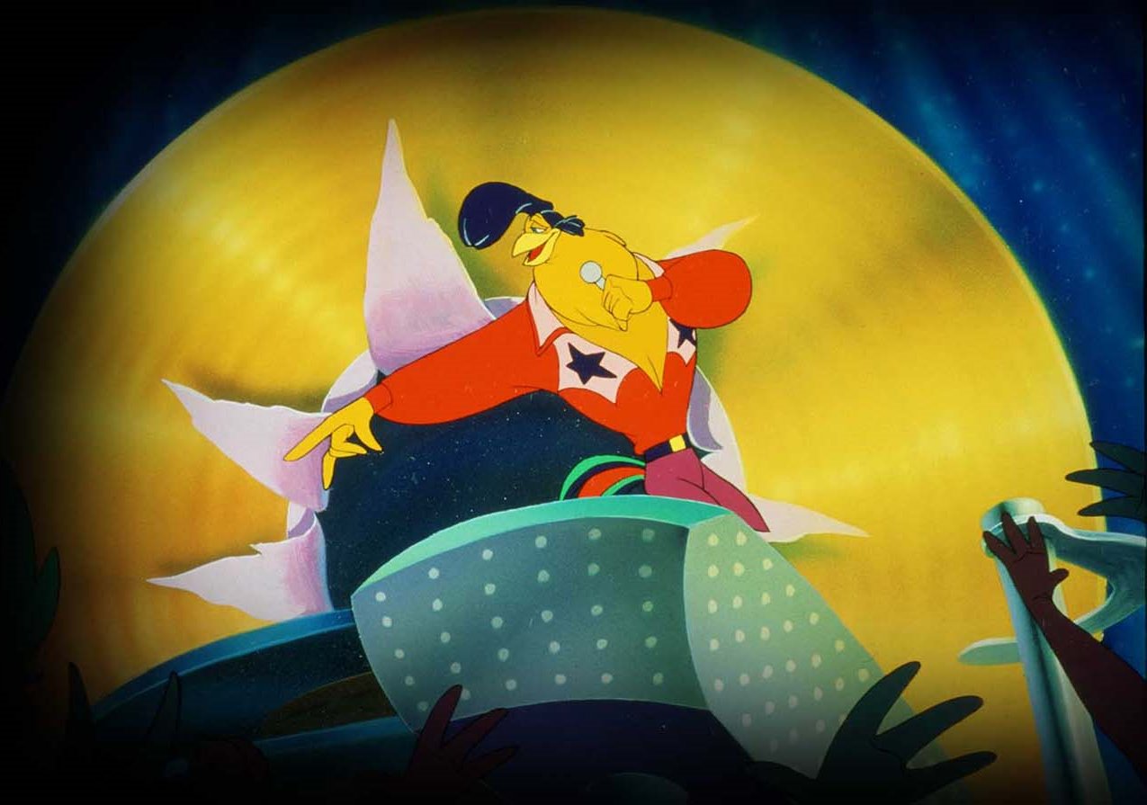 The singing rooster Chanticleer (voiced by Glenn Campbell) in Rock-a-Doodle (1991)