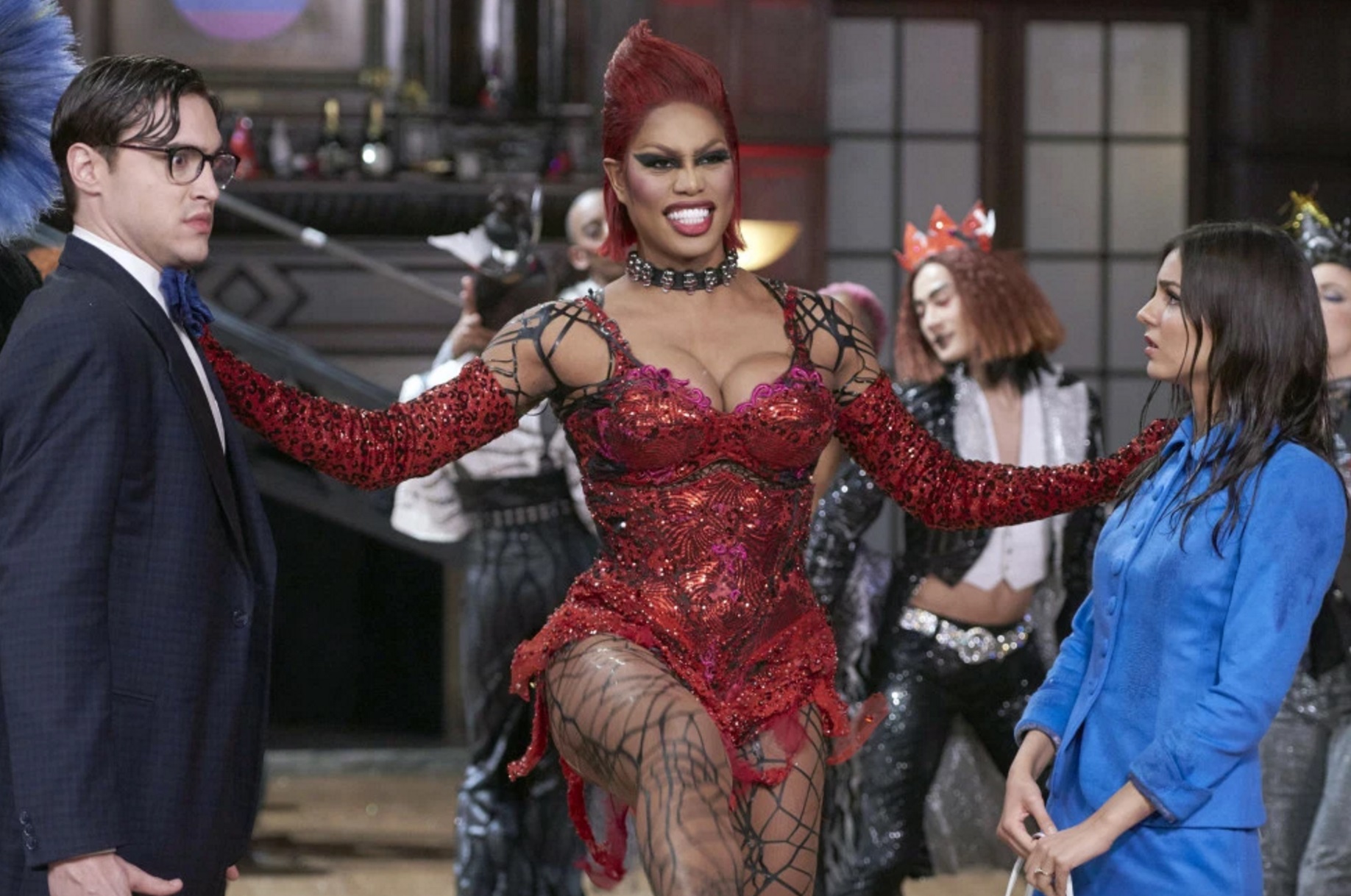 Dr Frank N. Furter (Laverne Cox) greets Brad (Ryan McCartan) and Janet (Victoria Justice) in The Rocky Horror Picture Show Let's Do the Timewarp Again (2016)