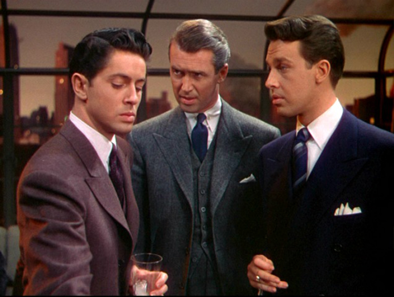 Professor James Stewart pieces together what his students Farley Granger and John Dall have done in Rope (1948)