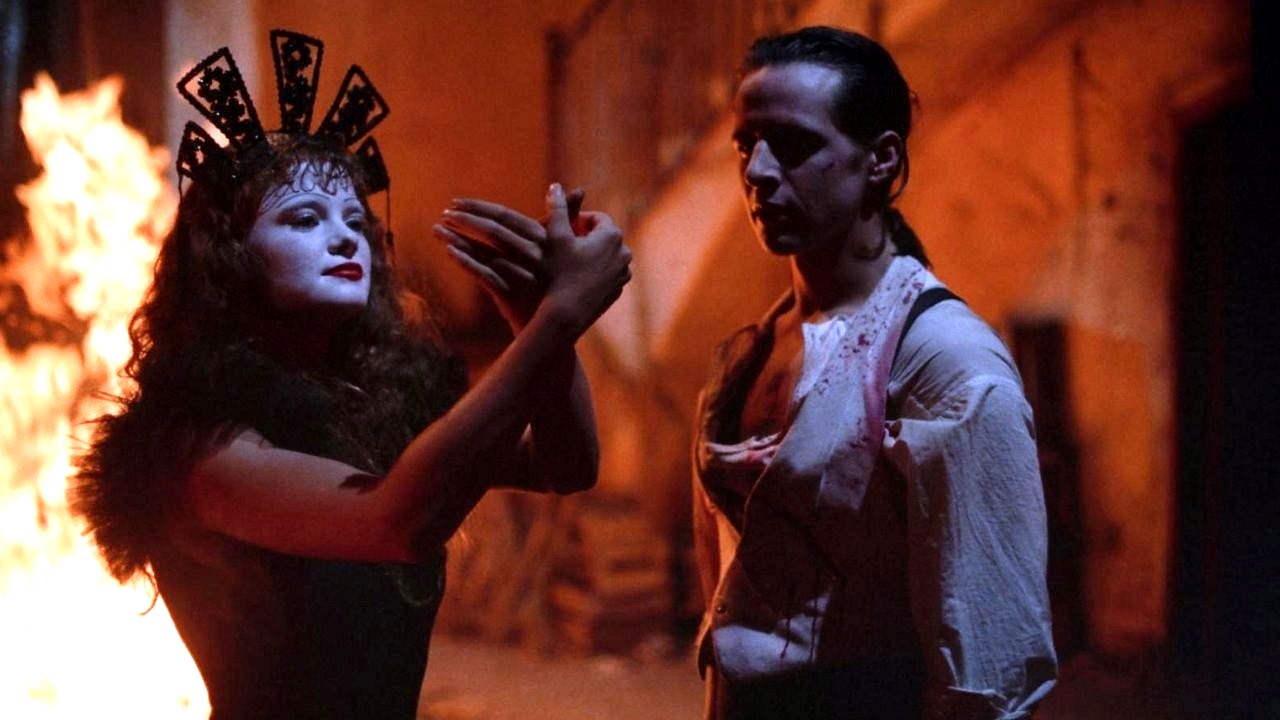 Fenix (Axel Jodorowsky) with the mute mime Alma (Sabrina Dennison) in Santa Sangre (1989)