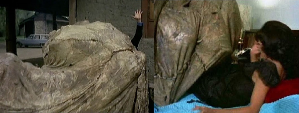 Various victims are attacked by the bean bag monster in Santo in Killers From Other Worlds (1971)