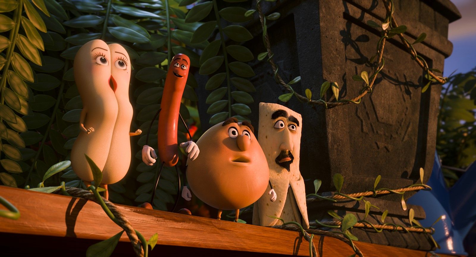 (l to r) Brenda the hot dog bun (voiced by Kristen Wiig), Frank the sausage (voiced by Seth Rogen), Sammy Bagel Jr (voiced by Edward Norton) and Kareem Abdul Lavash (voiced by David Krumholtz) in Sausage Party (2016)