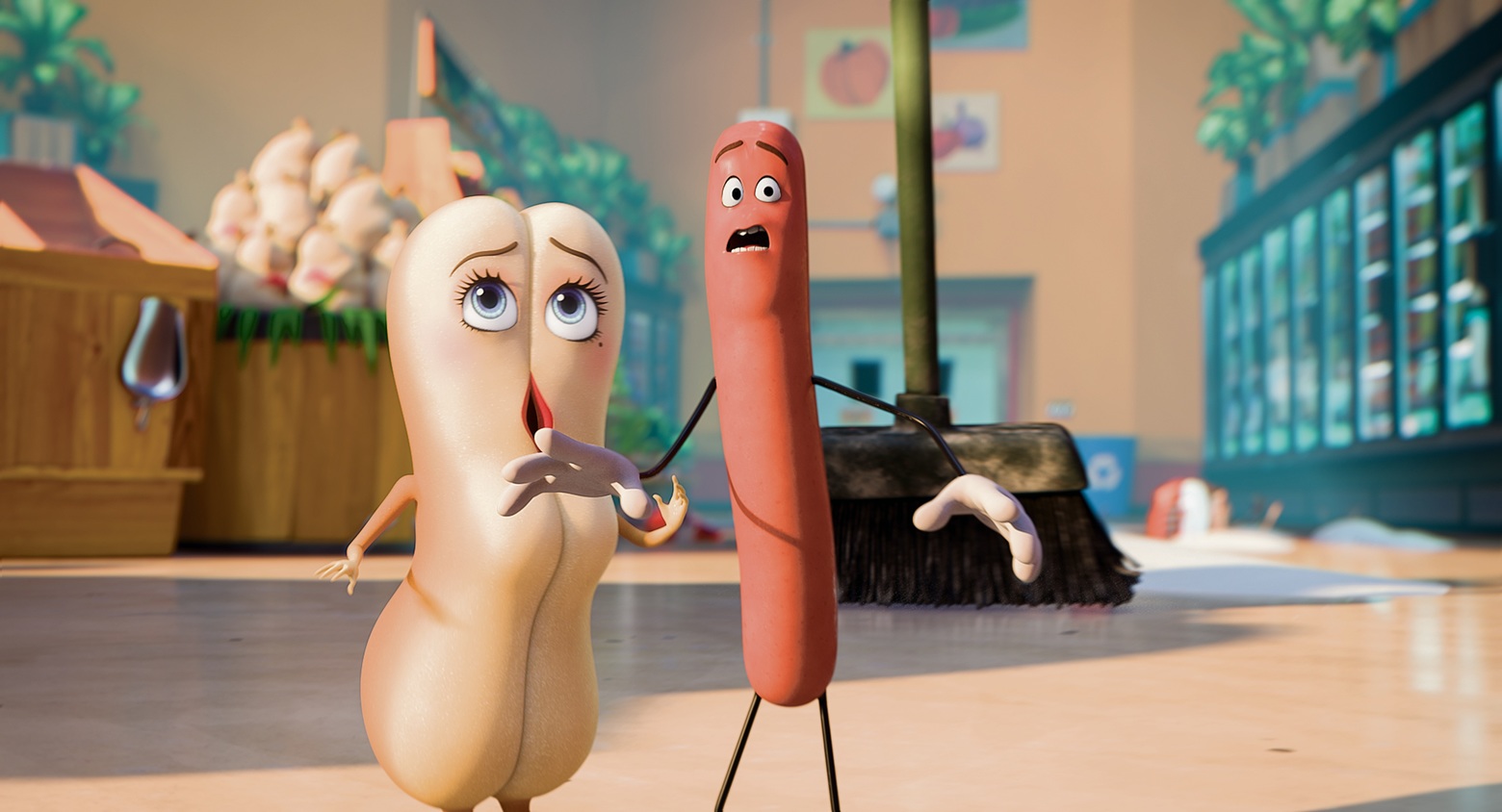 Frank the sausage (voiced by Seth Rogen) and his love Brenda the hot dog bun (voiced by Kristen Wiig) in Sausage Party (2016)