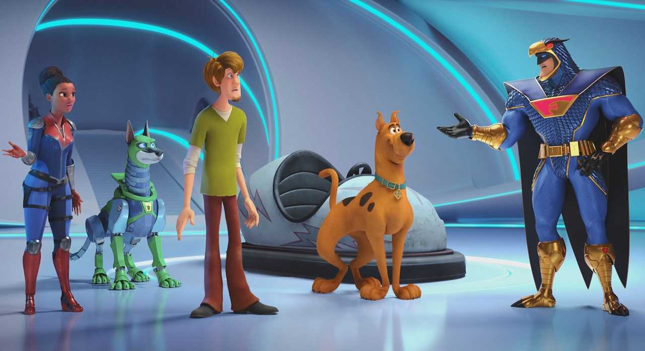 Dee Dee Sykes, Dyno-Mutt, Shaggy, Scooby-Doo and Blue Falcon in Scoob! (2020)
