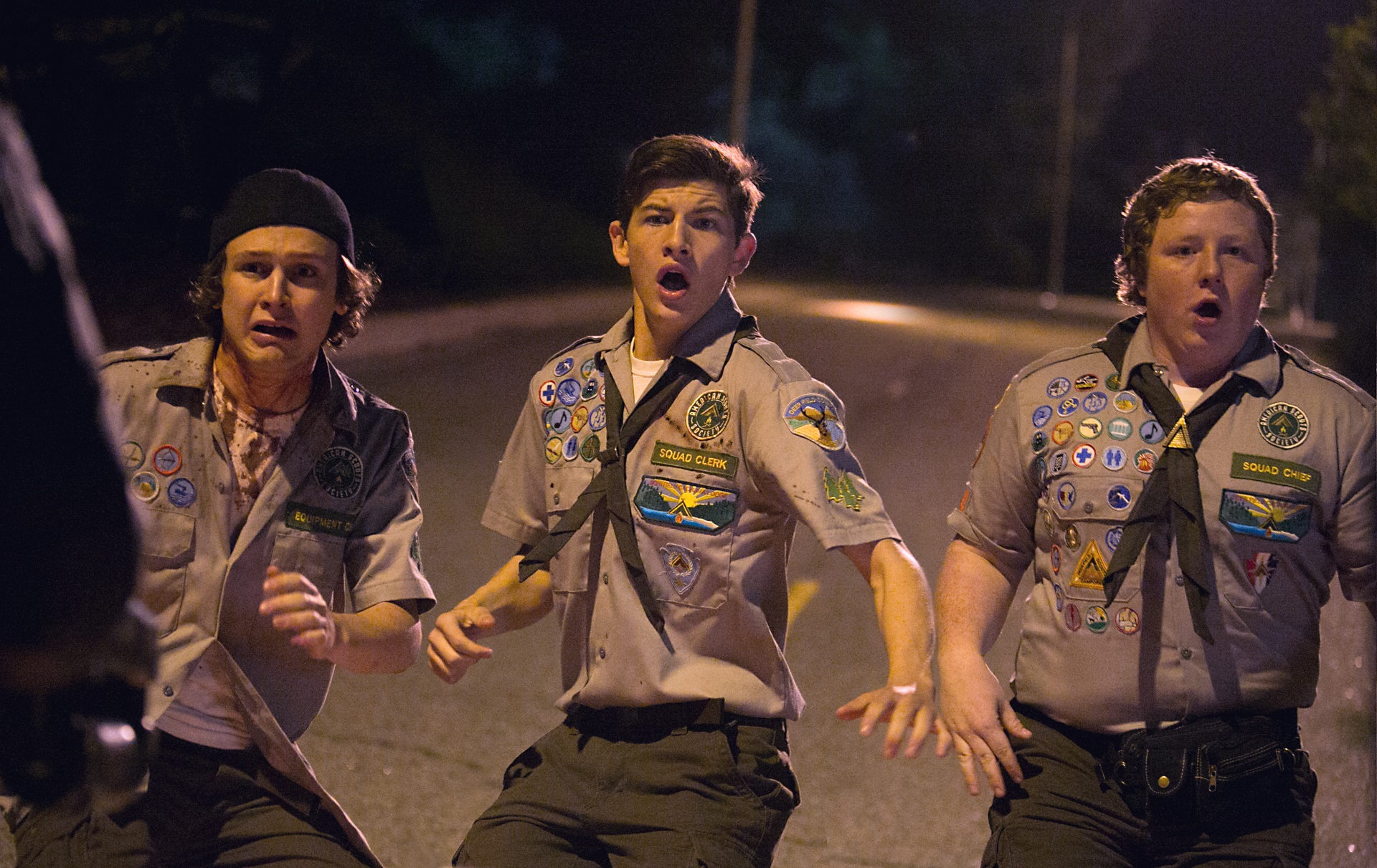 Boy scouts (l to r) Logan Miller, Tye Sheridan, Joey Morgan in Scouts Guide to the Zombie Apocalypse (2015)