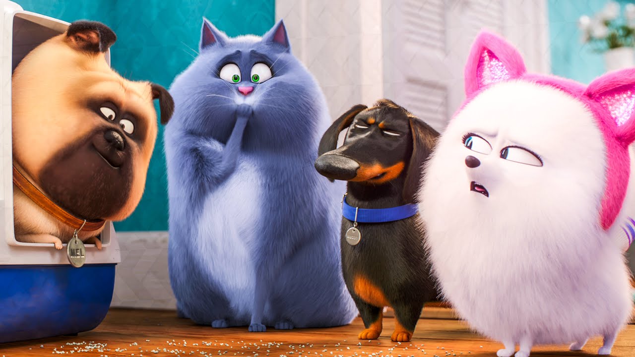 (l to r) Mel (voiced by Bobby Moynihan), Chloe (voiced by Lake Bell), Bobby (voiced by Hannibal Buress) and Gidget (voiced by Jenny Slate) in The Secret Life of Pets 2 (2019)