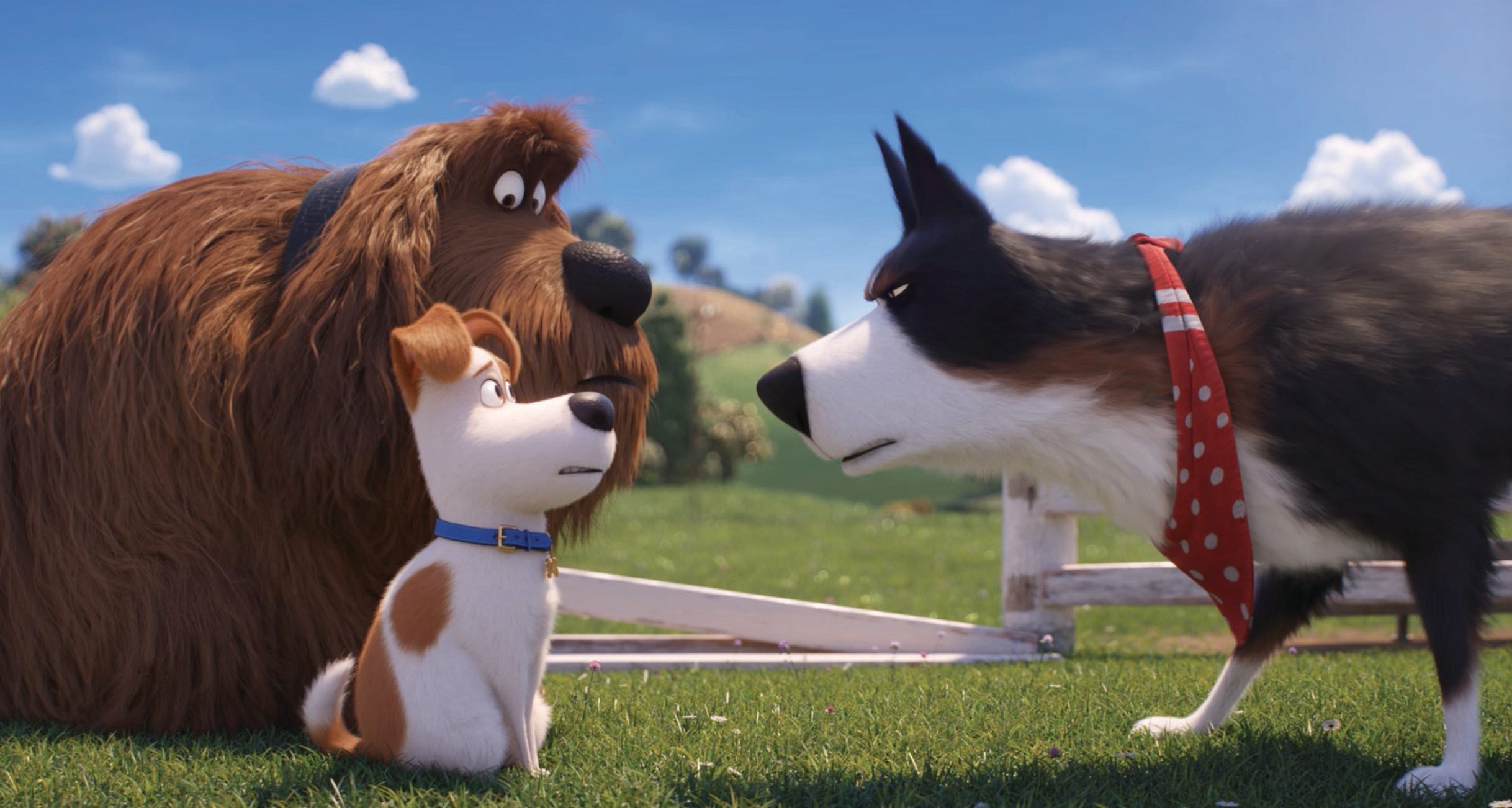 (l to r) Duke (voiced by Eric Stonestreet) and Max (voiced by Patton Oswalt) venture onto the countryside and meet farmdog Rooster (voiced by Harrison Ford) in The Secret Life of Pets 2 (2019)