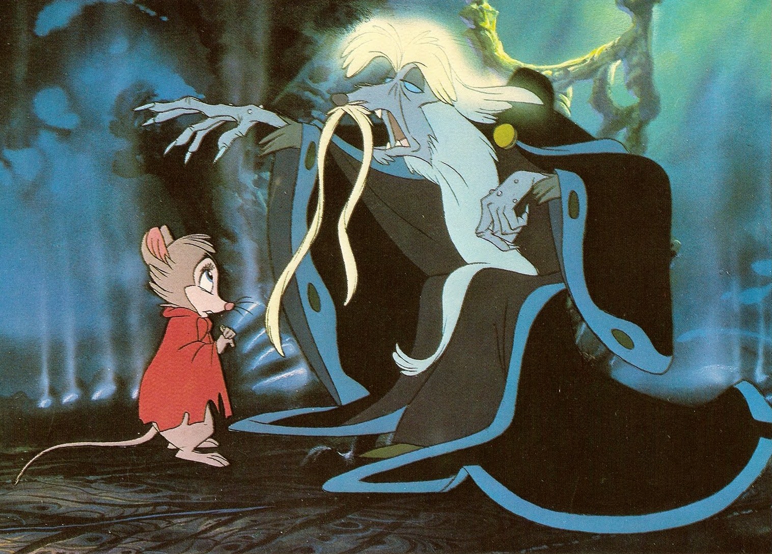 Mrs Brisby (voiced by Elizabeth Hartman) meets The Great Owl (voiced by John Carradine) in The Secret of N.I.M.H. (1982)