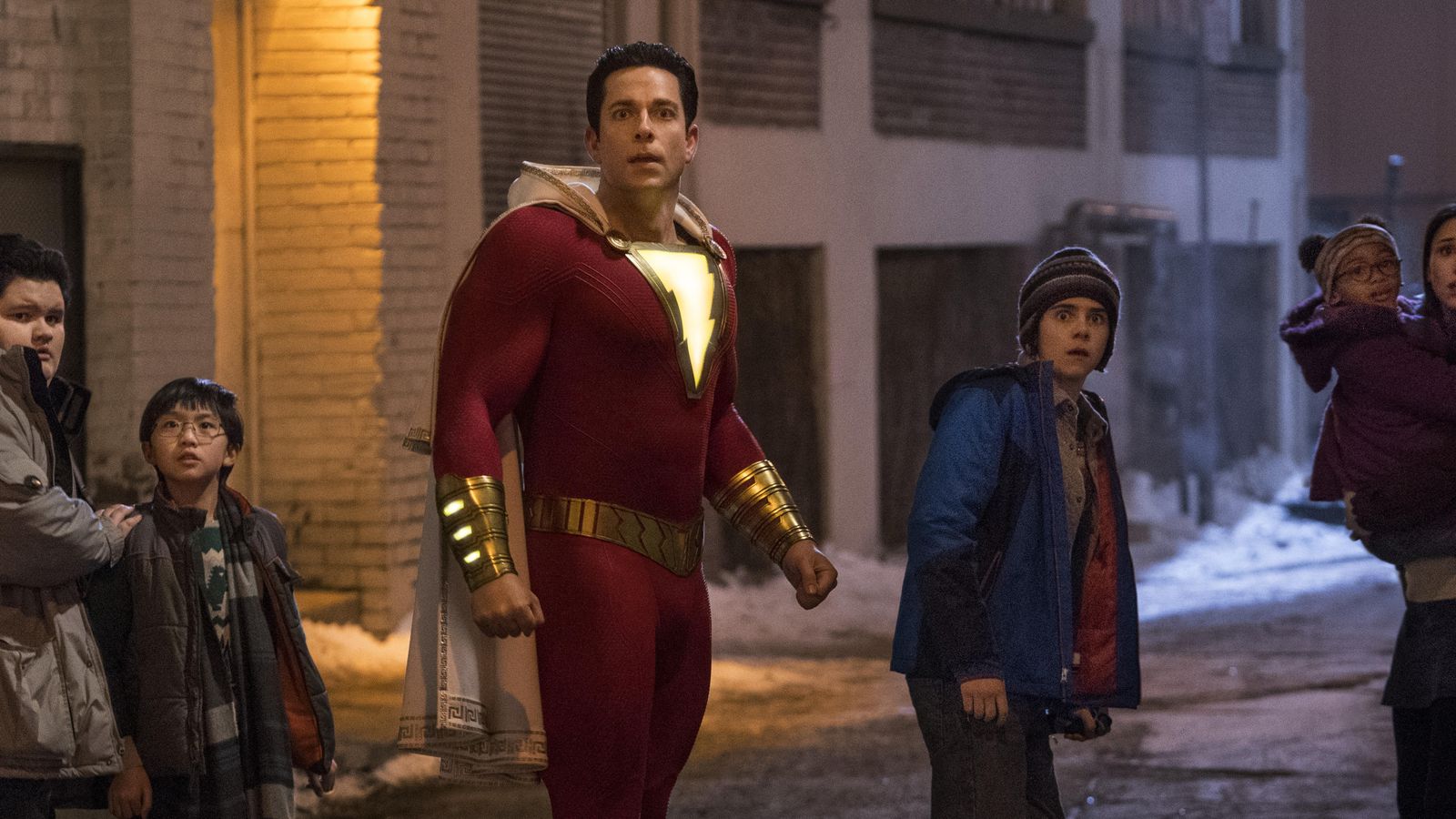 (l to r) Shazam (Zachary Levi) and his friend Freddy Freeman (Jack Dylan Grazer) in Shazam! (2019)