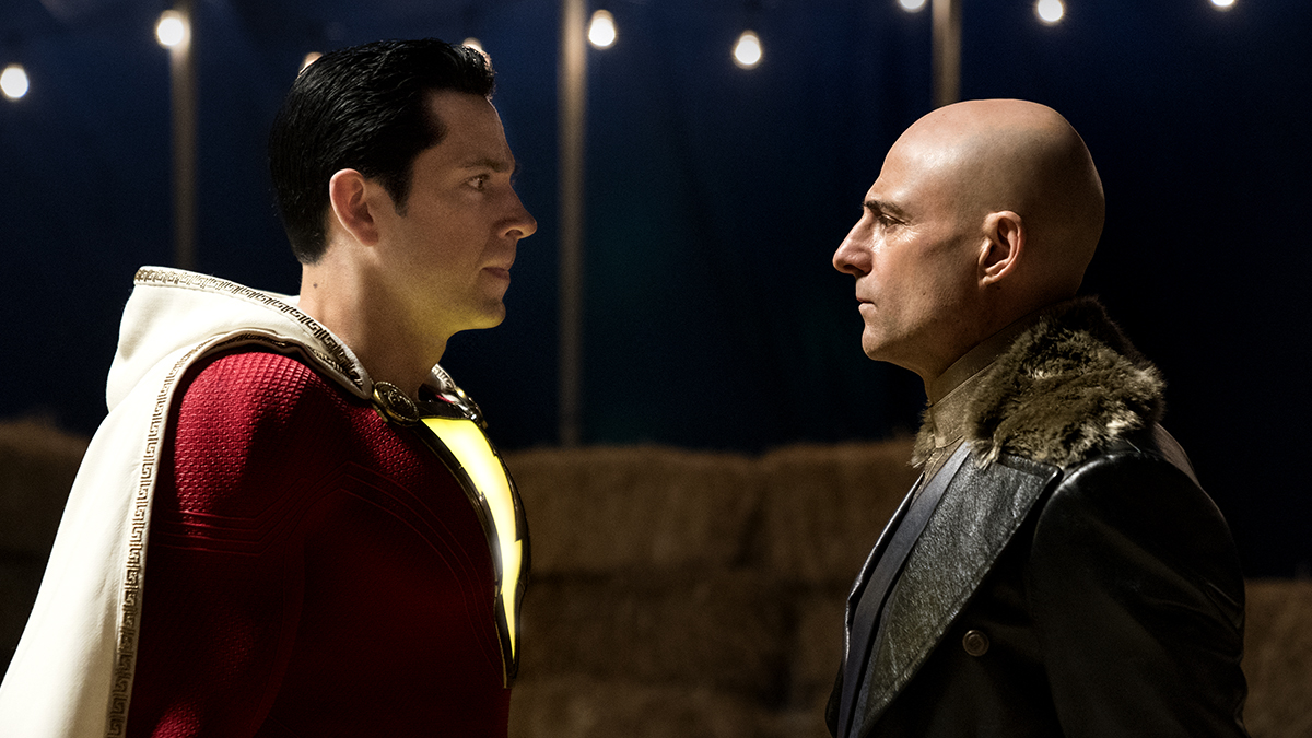 (l to r) Shazam (Zachary Levi) and super-villain Dr Thaddeus Sivana (Mark Strong) in Shazam! (2019)