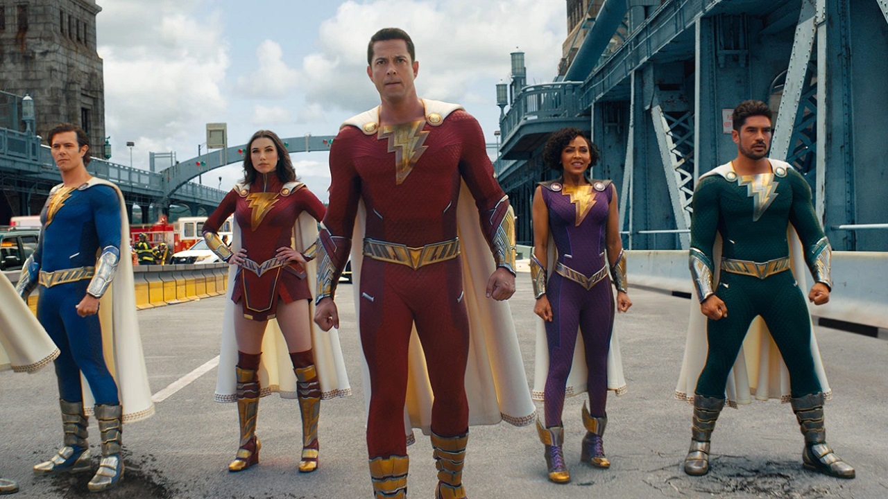 The Shazam Family - Freddy (Adam Brody), Mary (Grace Caroline Currey), Shazam (Zachary Levi), Darla (Meagan Good) and Pedro (D.J. Cotrona) in Shazam !Fury of the Gods (2023)