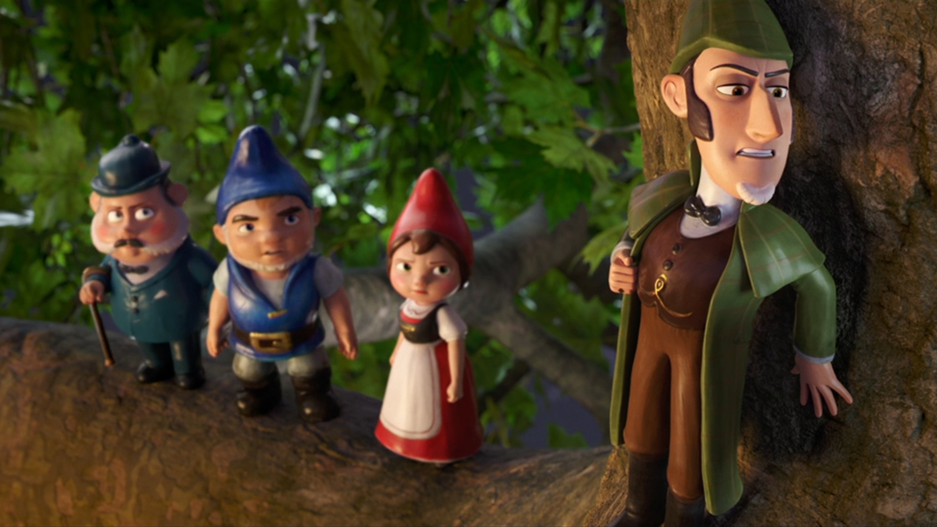 (l to r) Dr Watson (voiced by Chiwetel Ejiofor), Gnomeo (voiced by James McAvoy), Juliet (voiced by Emily Blunt) and Sherlock Gnomes (voiced by Johnny Depp) in Sherlock Gnomes (2018)