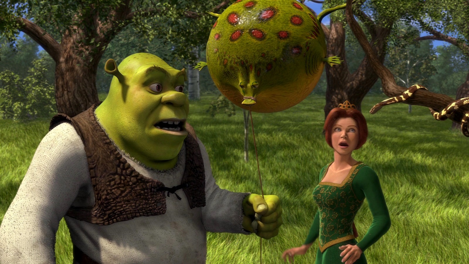 Shrek (voiced by Mike Myers) holding animal balloon and Princess Fiona (voiced by Cameron Diaz) in Shrek (2001)