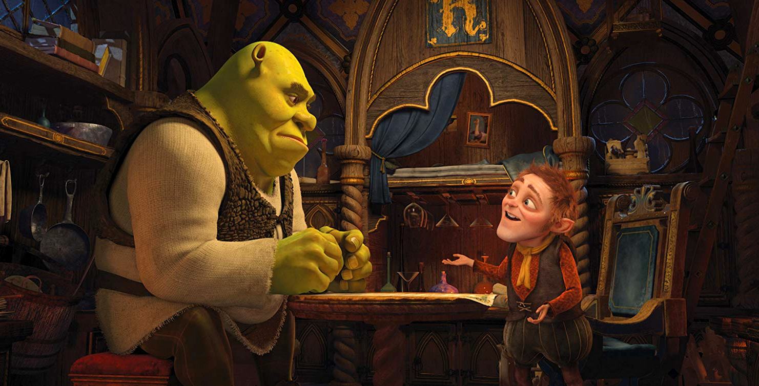 Shrek (voiced by Mike Myers) signs the contract with Rumpelstiltskin (voiced by Walt Dohrn) in Shrek Forever After (2010)