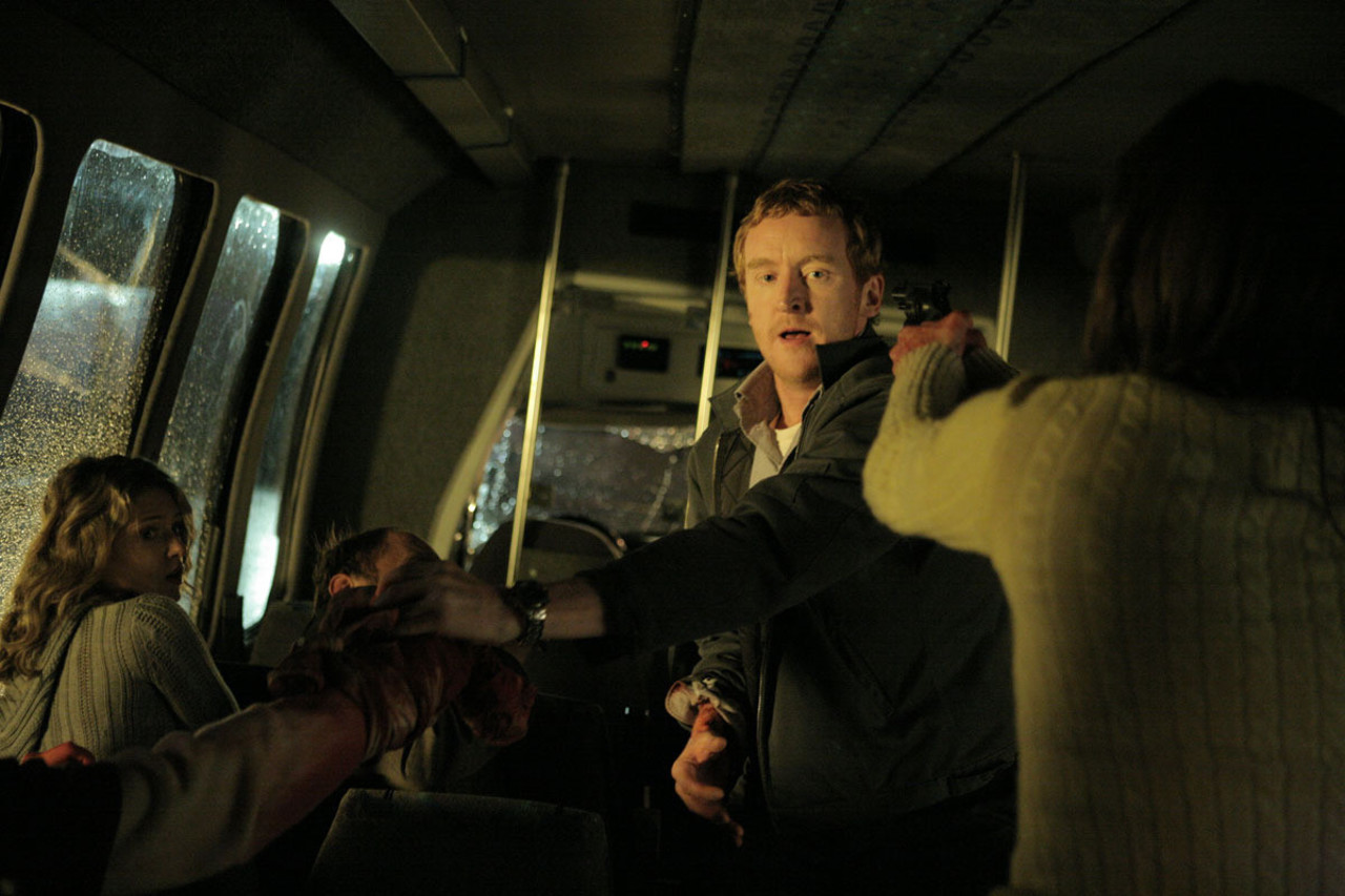 Abducted aboard an airport shuttle bus with driver Tony Curran being held at gunpoint in Shuttle (2008)