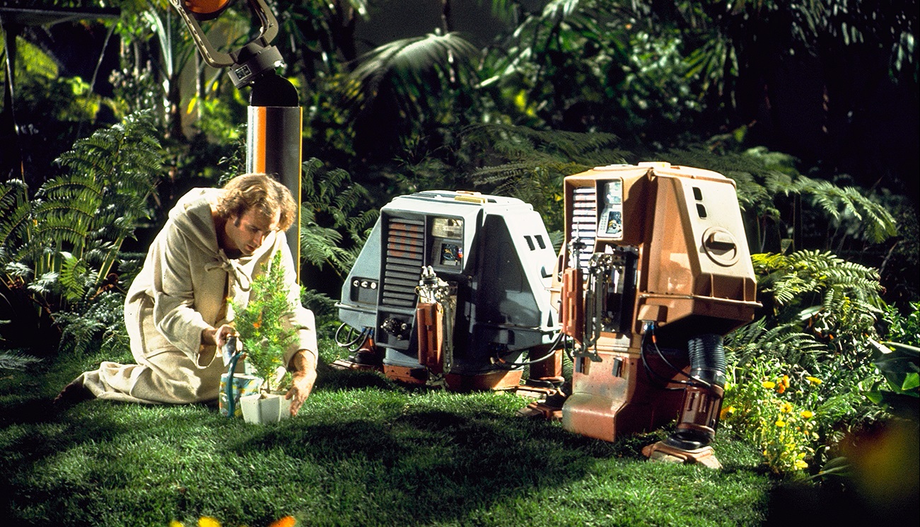 Intergalactic gardener Freeman Lowell (Bruce Dern) and robot companions in Silent Running (1972)