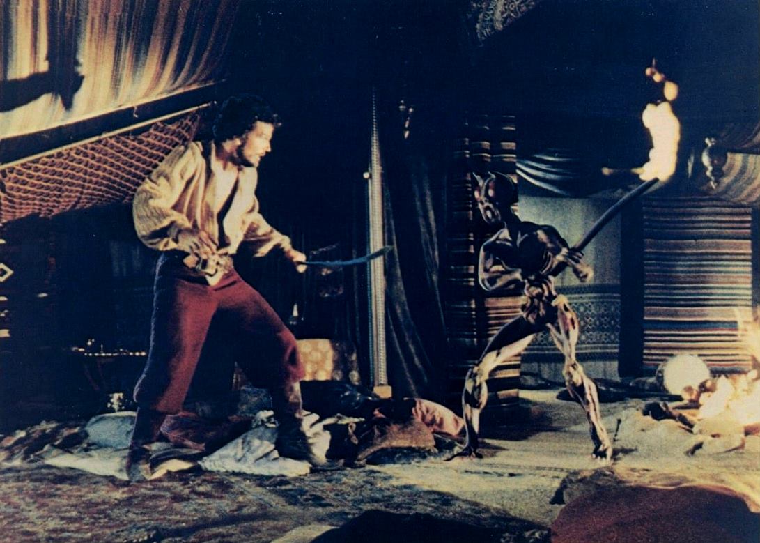 Sinbad (Patrick Wayne) fights one of the reanimated skeletons in Sinbad and the Eye of the Tiger (1977)