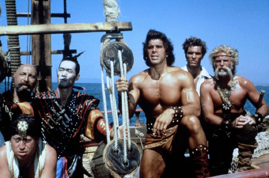 Sinbad and his crew - Cork Hubbert, Yehuda Efroni, Haruhiko Yamanouchi, Lou Ferrigno, Roland Wybenga and Enzo Girolami in Sinbad of the Seven Seas (1989)