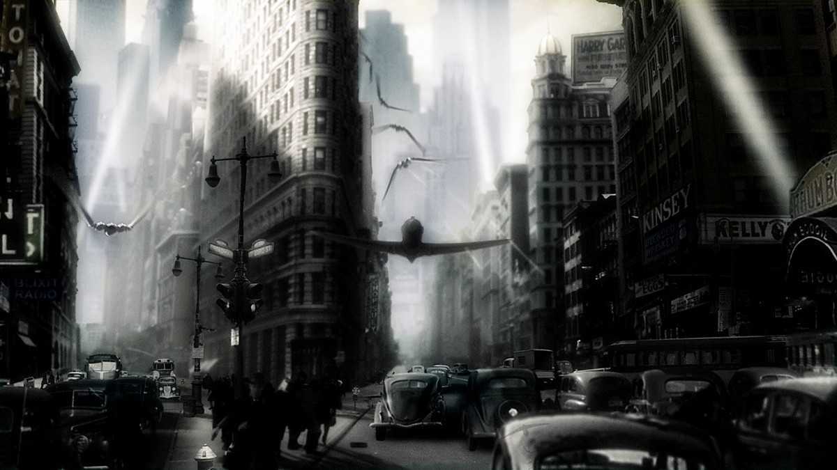 Aerial combat in the streets of New York in Sky Captain and the World of Tomorrow (2004)