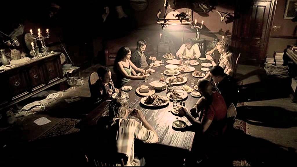 The band sit down to dinner on Steve Railsback (c)'s farm in Slash (2002)