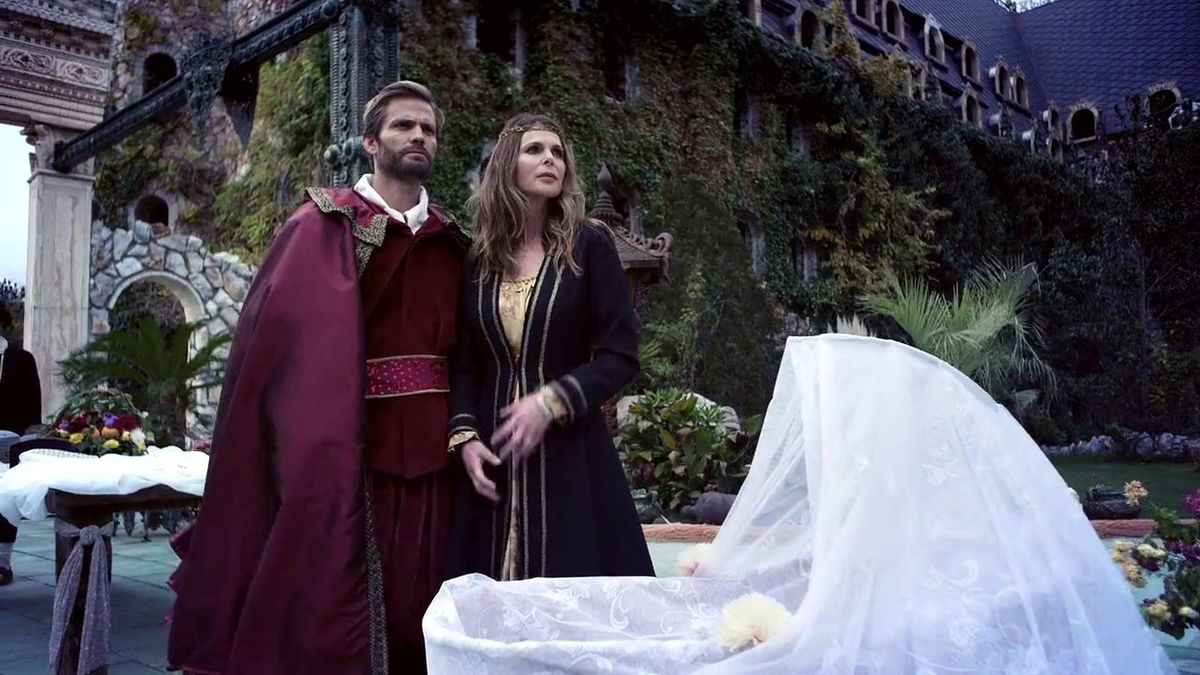 Casper Van Dien (the film's director) and real-life wife Catherine Oxenberg as Sleeping Beauty's parents amid the grounds of Bulgaria’s Ravadinova Castle in Sleeping Beauty (2014)