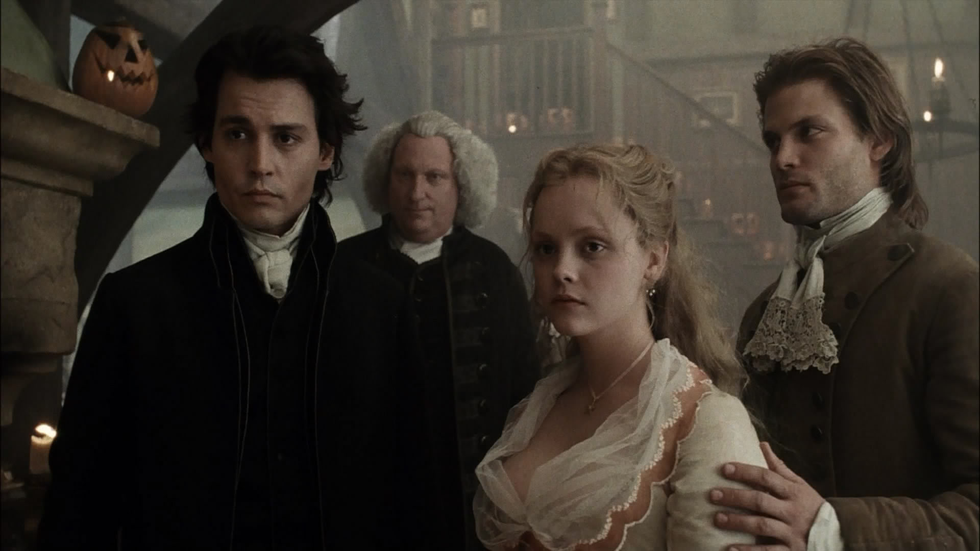 (l to r) Ichabod Crane (Johnny Depp), Reverend Steenwyck (Jeffrey Jones), Katrina Van Tassel (Christina Ricci) and Brom Brunt (Casper Van Dien) in Sleepy Hollow (1999)