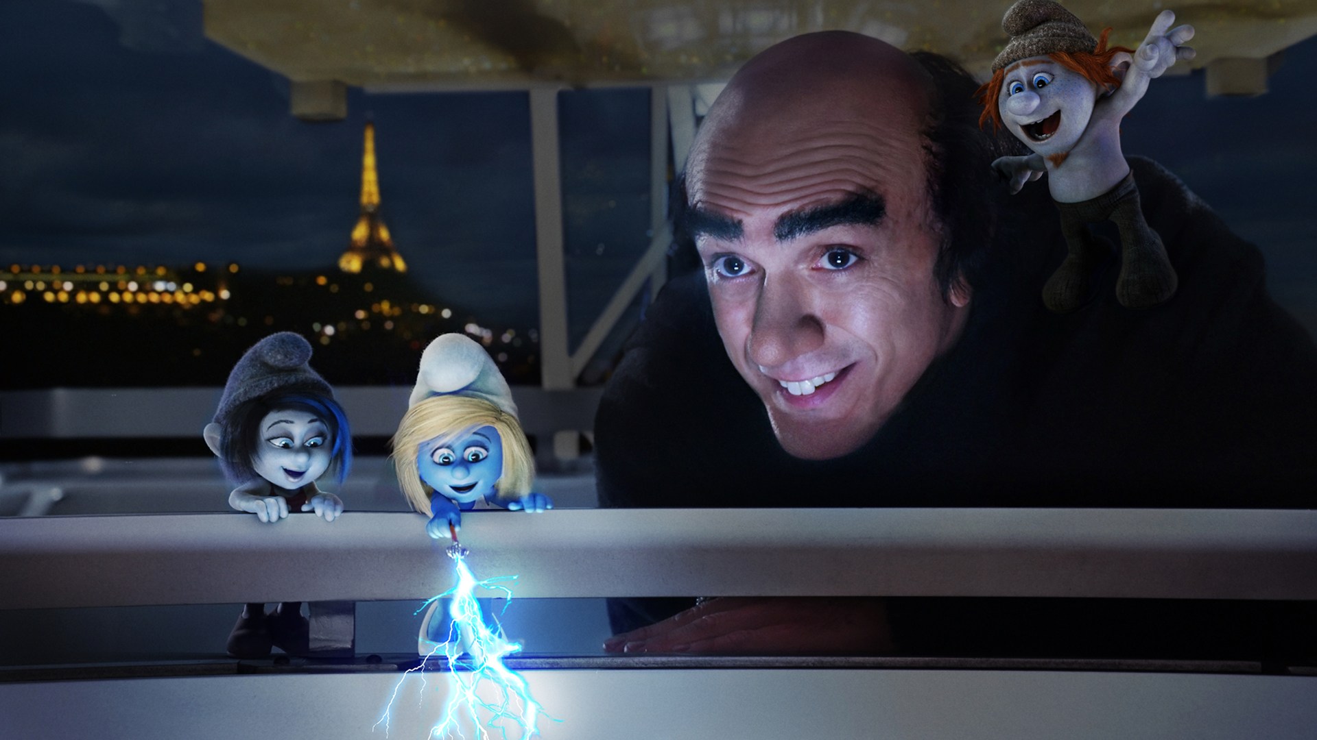 Gargamel (Hank Azaria)  surrounded by Vexy (voiced by Christina Ricci), Smurfette (voiced by Katy Perry), and Hackus (voiced by J.B. Smoove) in The Smurfs 2 (2013)