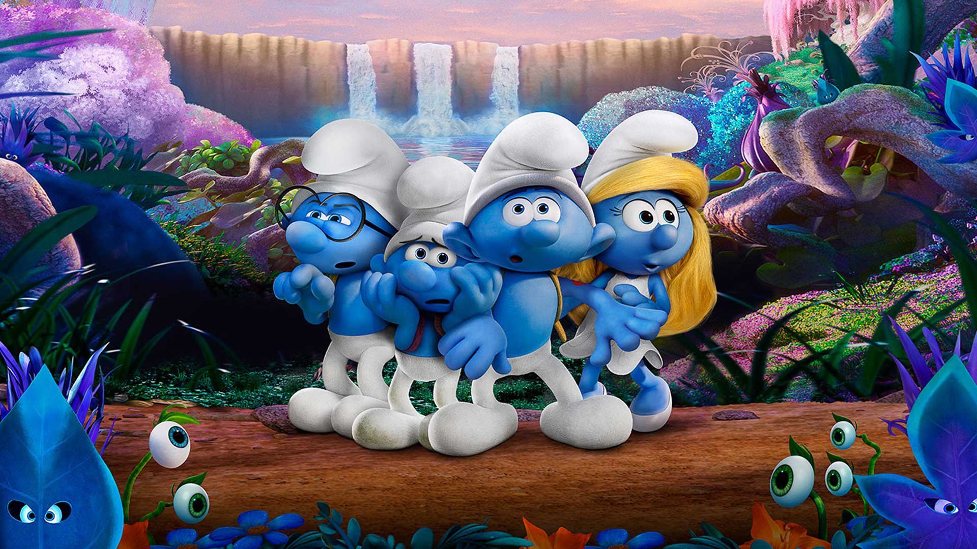 (l to r) Brainy, Clumsy, Hefty and Smurfette set out to find the lost village in Smurfs: The Lost Village (2017)