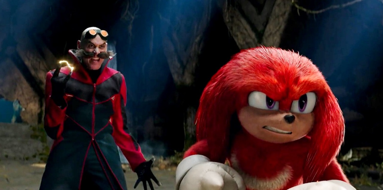 Dr Robotnik (Jim Carrey) and Knuckles the Echidna (voiced by Idris Elba) in Sonic the Hedgehog 2 (2022)