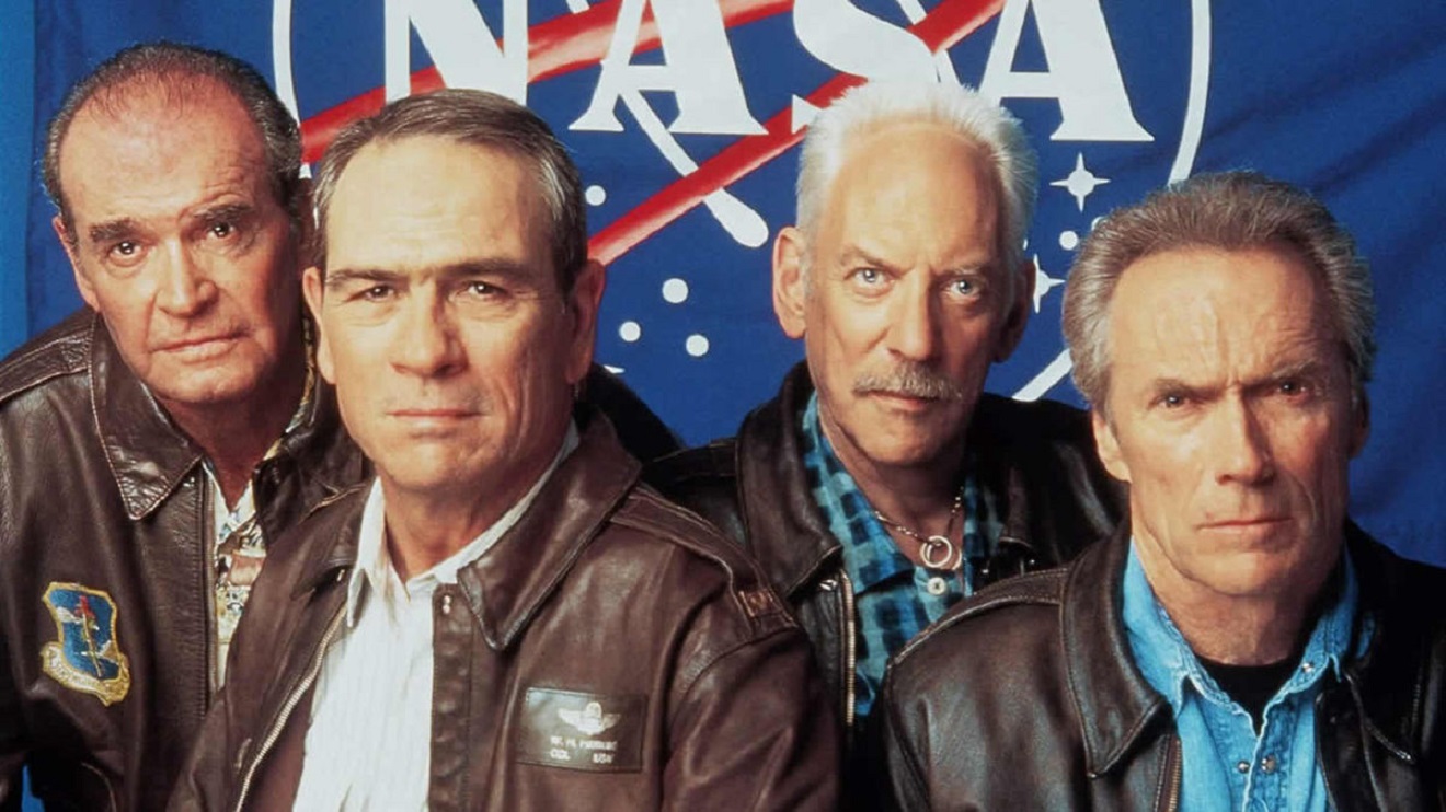 NASA astronauts reunited after forty years for one last mission back into space - (l to r) James Garner, Tommy Lee Jones, Donald Sutherland and Clint Eastwood in Space Cowboys (2000)